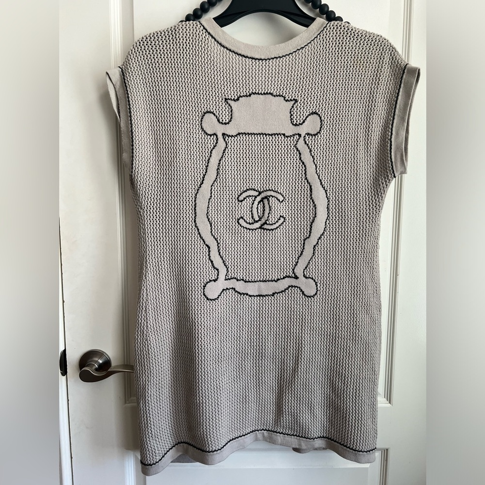 CHANEL RARE Coco CC Knit Top & Cardigan Sweater Set Logo Crochet Grey Taupe 42